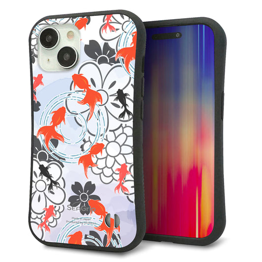 iPhone15 スマホケース 「SEA Grip」 グリップケース Sライン 【HA216 金魚 花柄 グレー 】 UV印刷