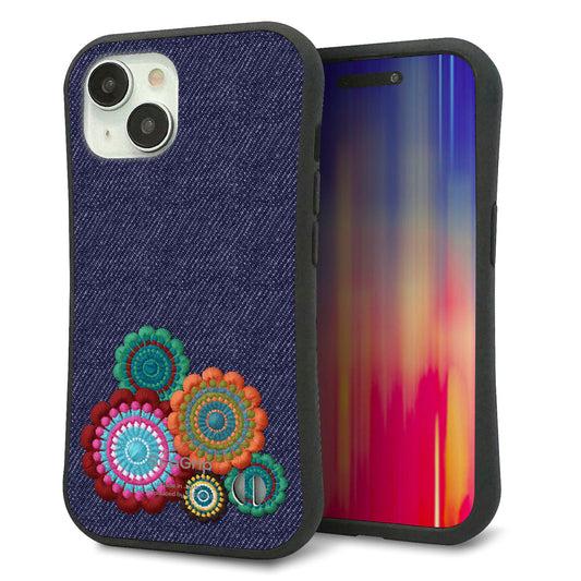 iPhone15 スマホケース 「SEA Grip」 グリップケース Sライン 【KM934 エスニックフラワー デニム】 UV印刷