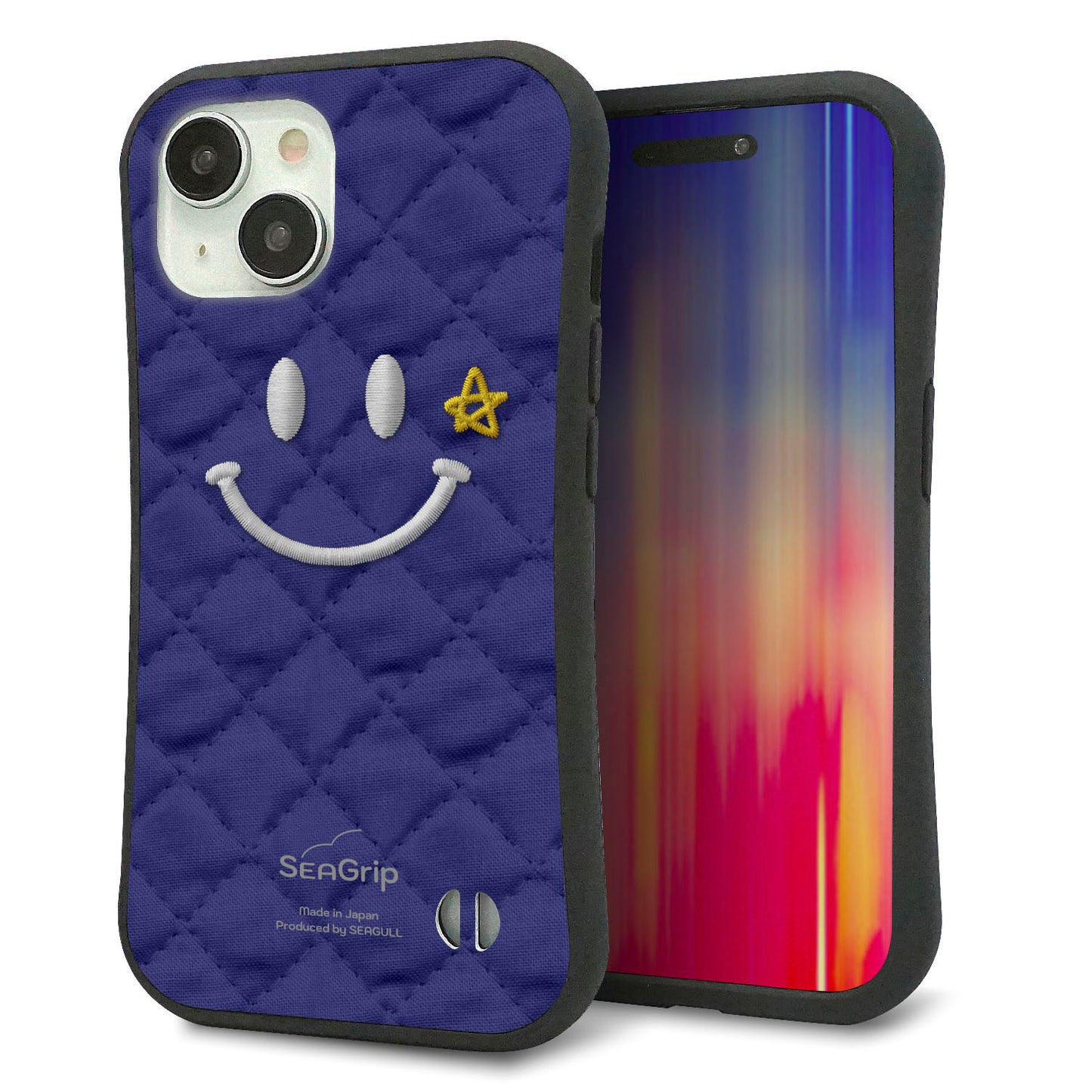 iPhone15 スマホケース 「SEA Grip」 グリップケース Sライン 【KM935 スマイル スター ブルー 】 UV印刷