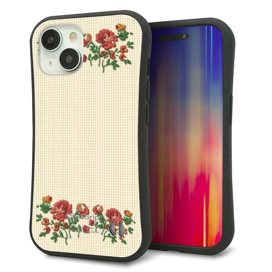 iPhone15 スマホケース 「SEA Grip」 グリップケース Sライン 【KM941 花刺繍風 レッドフラワー オフホワイト 】 UV印刷