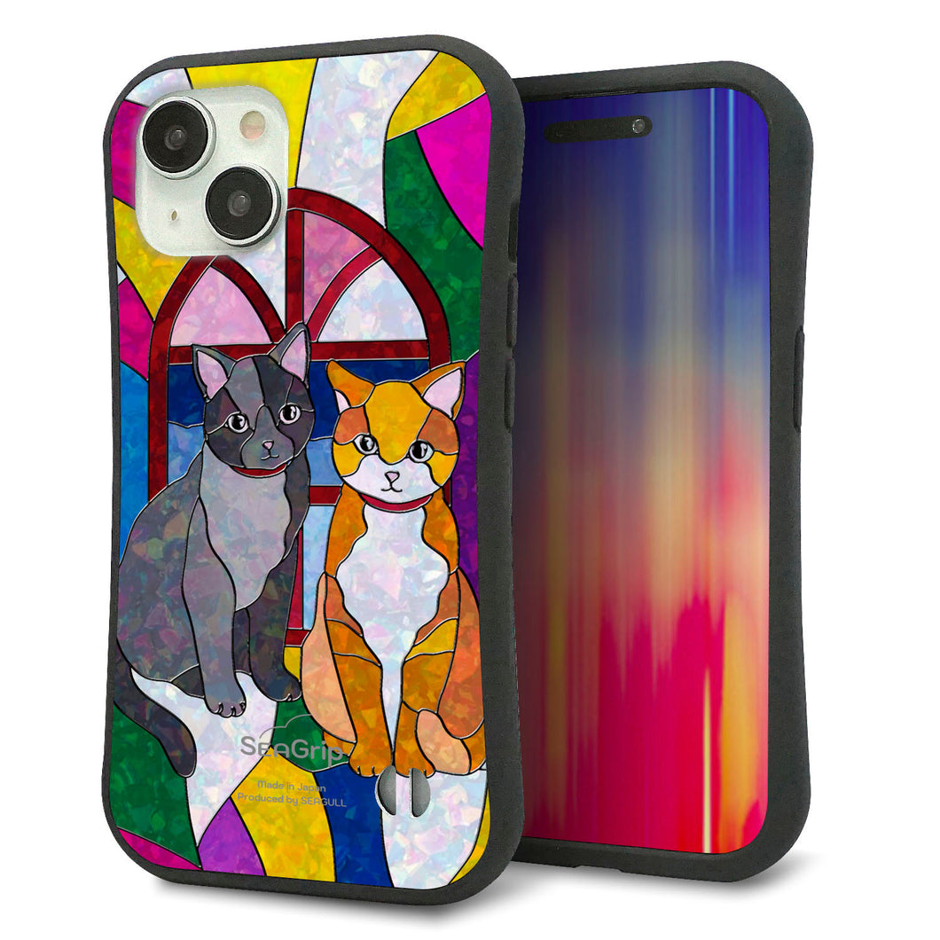 iPhone15 スマホケース 「SEA Grip」 グリップケース Sライン 【MA995 ステンドグラス ネコ】 UV印刷