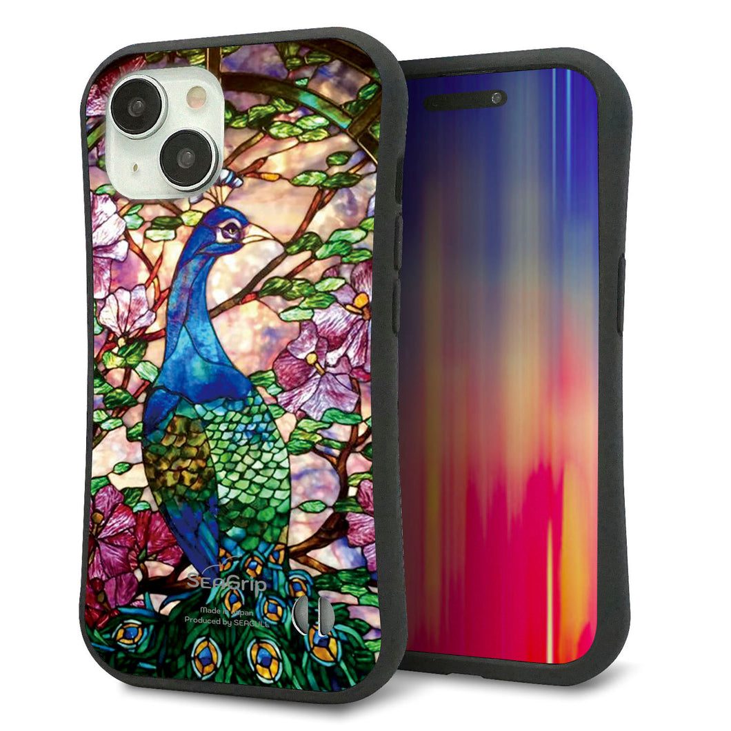 iPhone15 スマホケース 「SEA Grip」 グリップケース Sライン 【MA996 ステンドグラス クジャク】 UV印刷