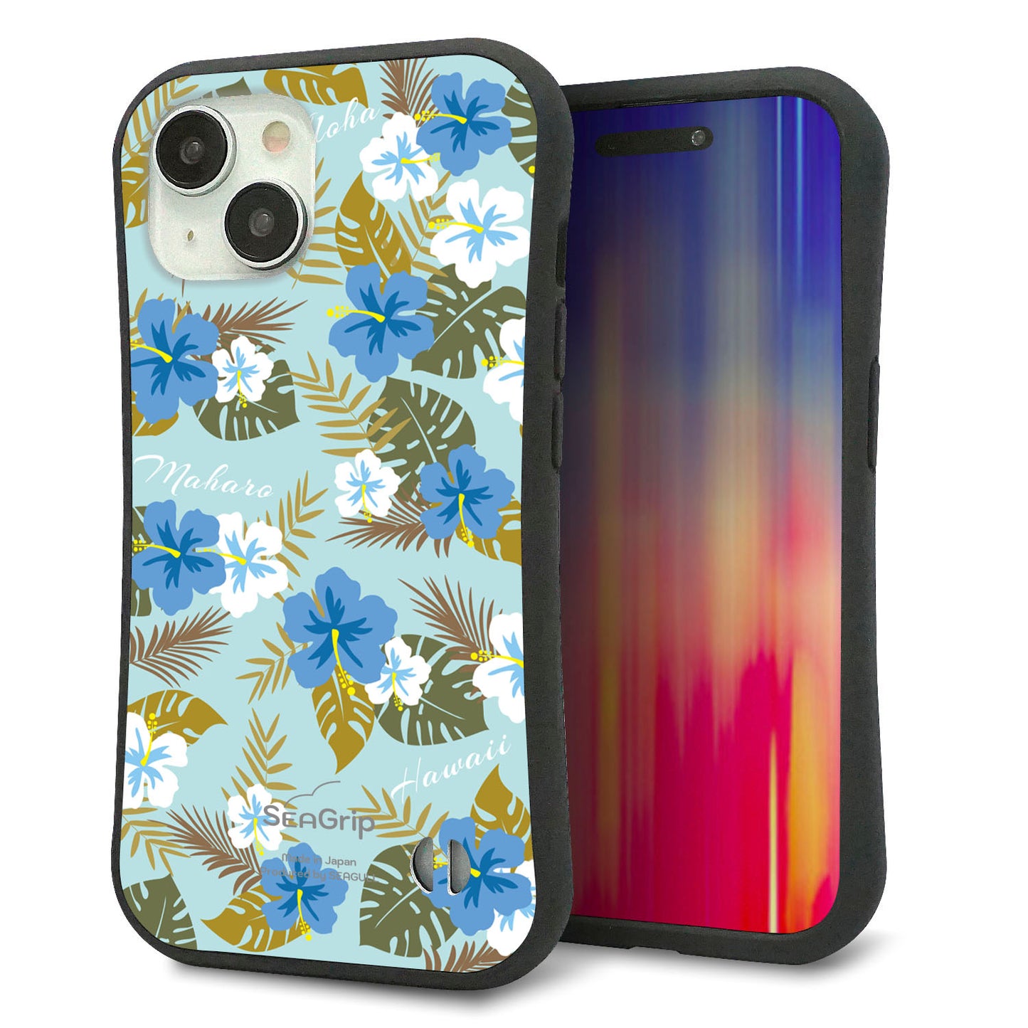 iPhone15 スマホケース 「SEA Grip」 グリップケース Sライン 【SC883 ハワイアンアロハレトロ(ブルー)】 UV印刷