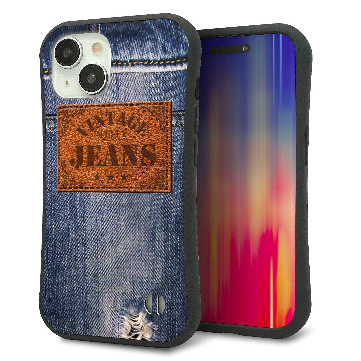 iPhone15 スマホケース 「SEA Grip」 グリップケース Sライン 【SC921 ダメージデニム レザータグ】 UV印刷
