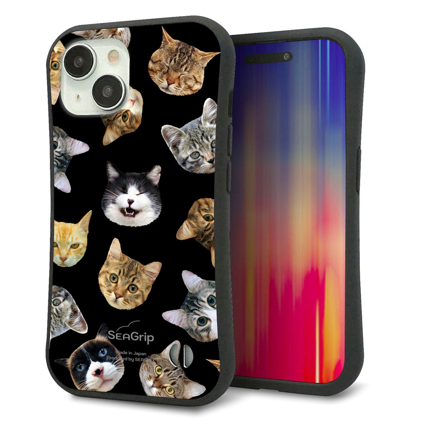 iPhone15 スマホケース 「SEA Grip」 グリップケース Sライン 【SC933 ねこどっと(ブラック)】 UV印刷