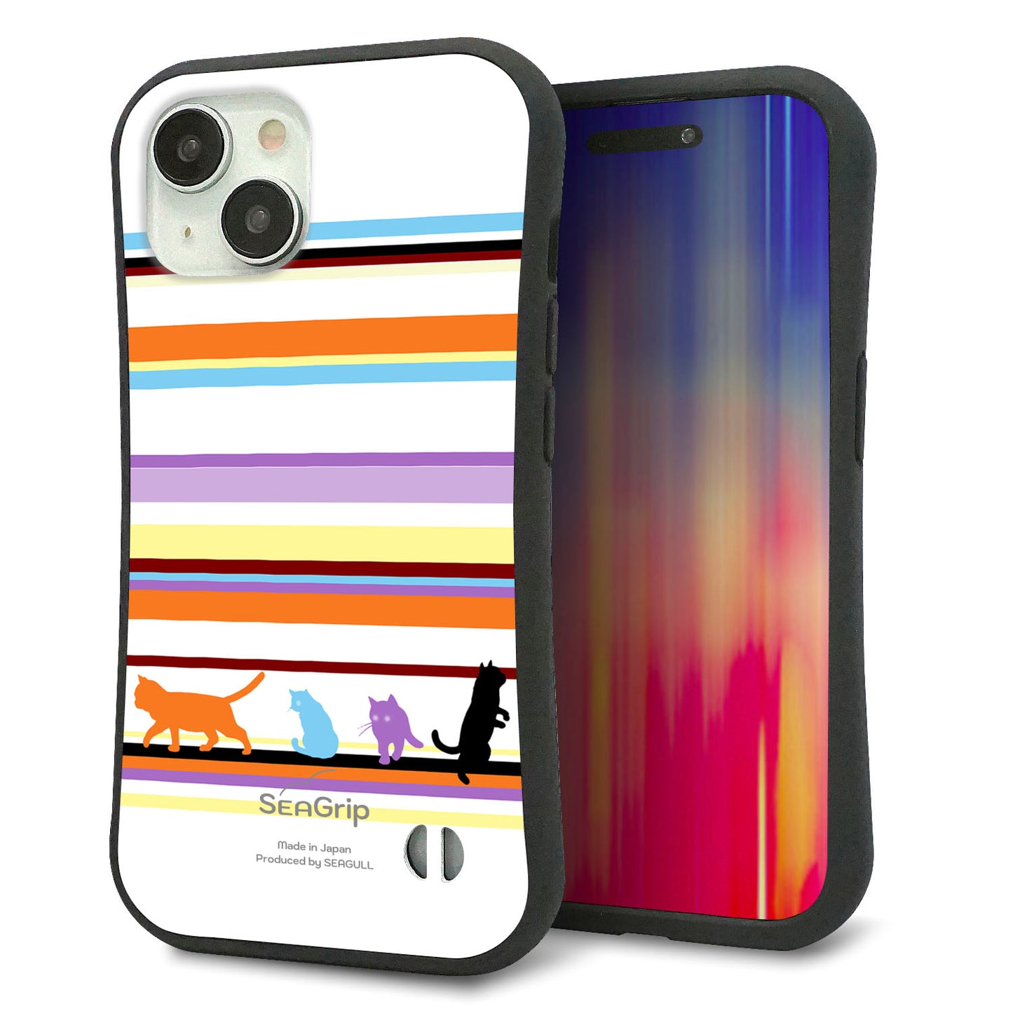 iPhone15 スマホケース 「SEA Grip」 グリップケース Sライン 【YA887 ストライプネコ01】 UV印刷