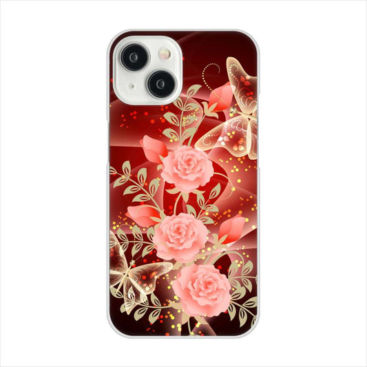 iPhone15 高画質仕上げ 背面印刷 ハードケース 【VA824 魅惑の蝶とピンクのバラ】