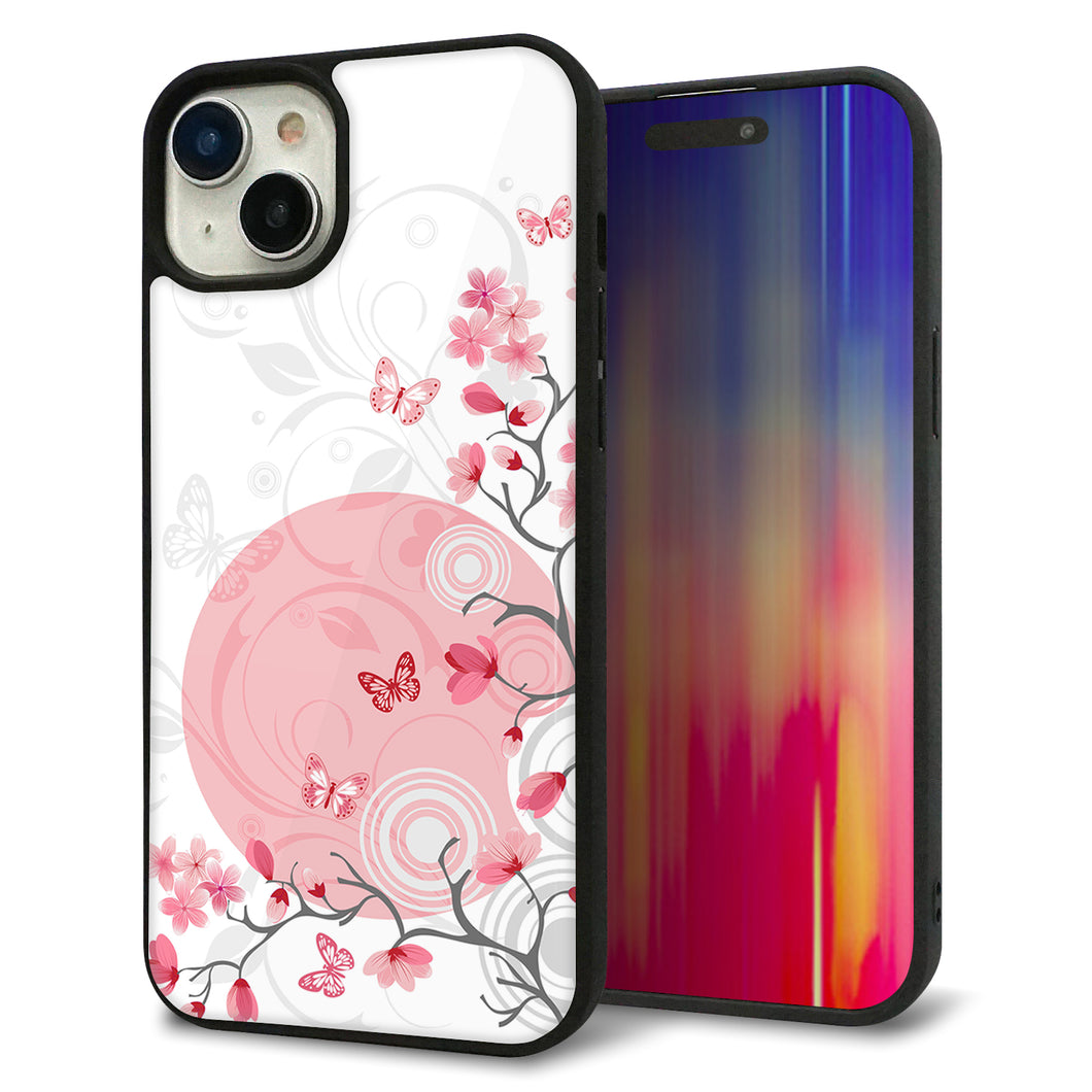 iPhone15 Plus 強化ガラス&TPUスマホケース ガラプリ【030 花と蝶(うす桃色)】