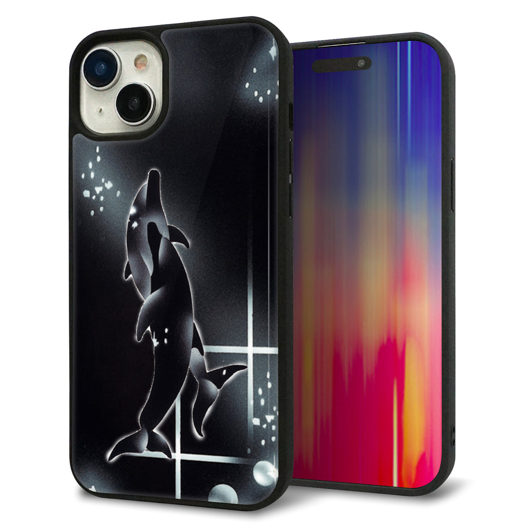 iPhone15 Plus 強化ガラス&TPUスマホケース ガラプリ【158 ブラックドルフィン】