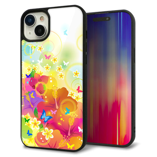 iPhone15 Plus 強化ガラス&TPUスマホケース ガラプリ【647 ハイビスカスと蝶】