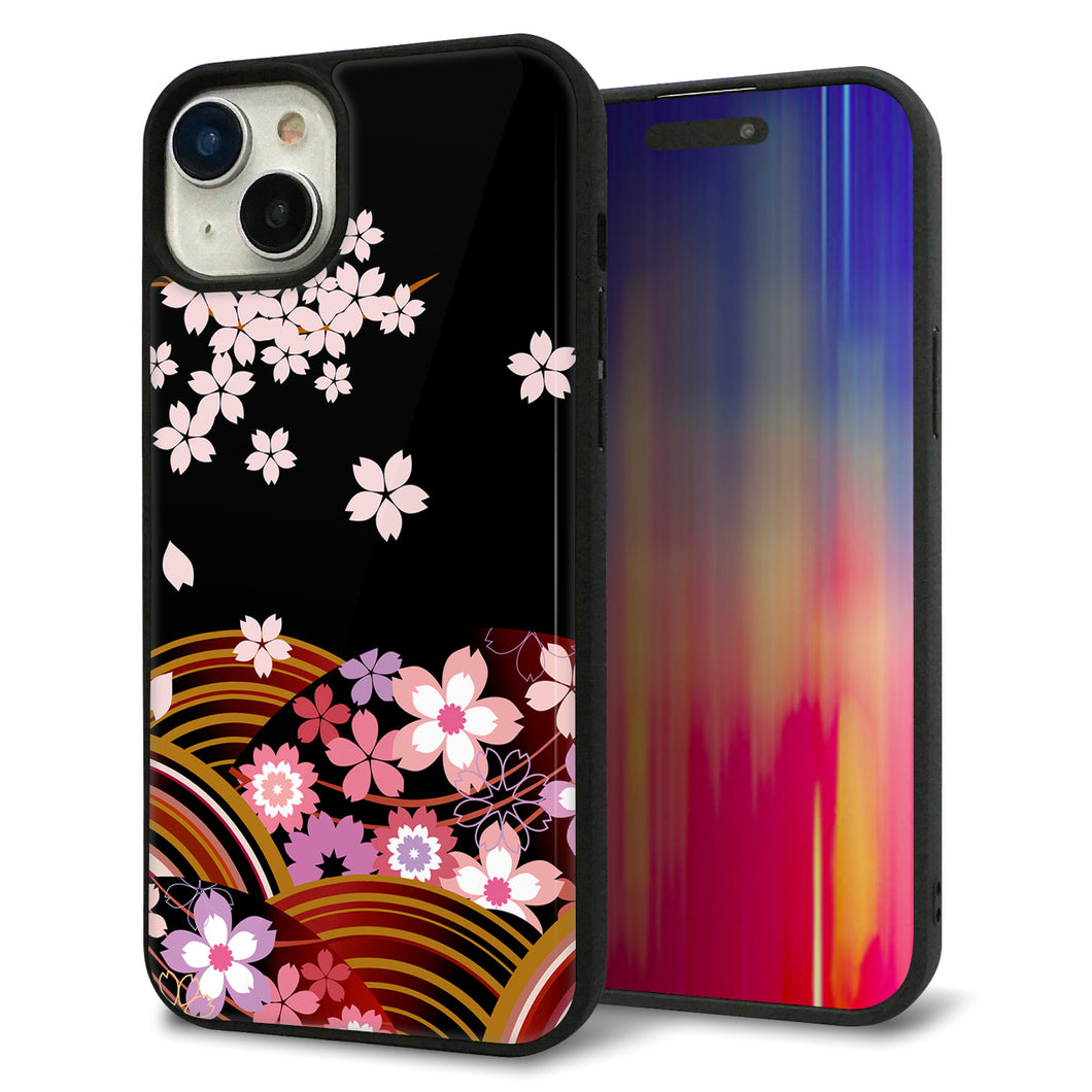 iPhone15 Plus 強化ガラス&TPUスマホケース ガラプリ【1237 和柄&筆文字・夜桜の宴】
