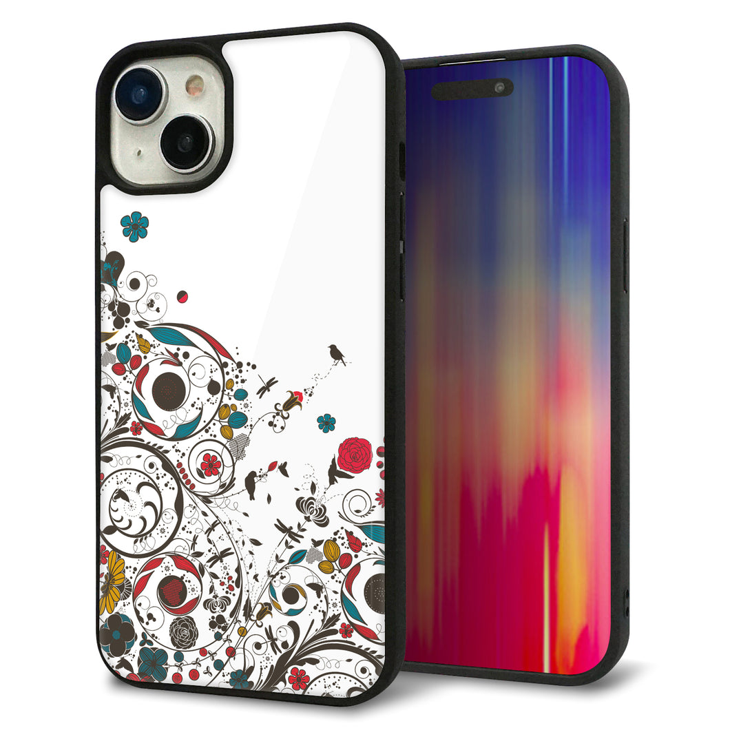 iPhone15 Plus 強化ガラス&TPUスマホケース ガラプリ【EK908 カラフルな花と鳥】
