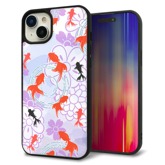 iPhone15 Plus 強化ガラス＆TPUスマホケース ガラプリ【HA214 金魚 花柄 パープル】