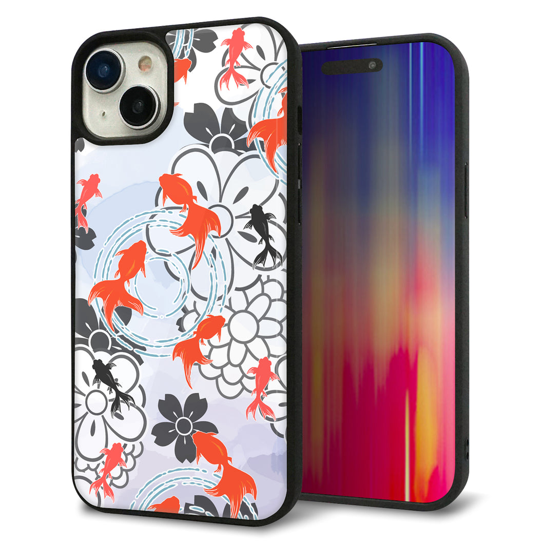 iPhone15 Plus 強化ガラス&TPUスマホケース ガラプリ【HA216 金魚 花柄 グレー】