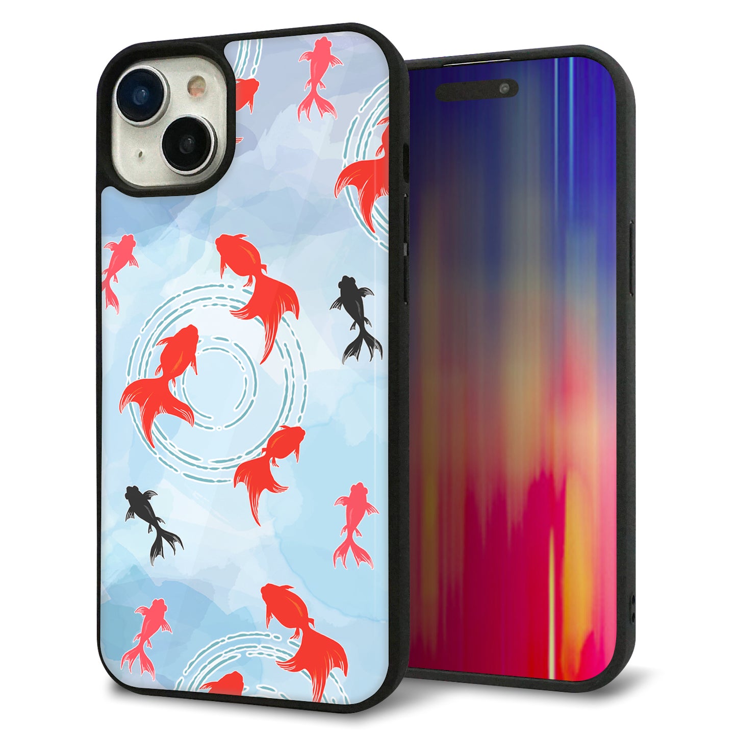 iPhone15 Plus 強化ガラス&TPUスマホケース ガラプリ【HA226 金魚 水彩 ブルー】