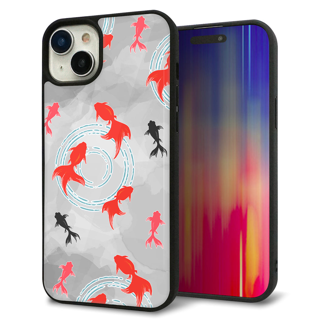 iPhone15 Plus 強化ガラス&TPUスマホケース ガラプリ【HA227 金魚 水彩 グレー】