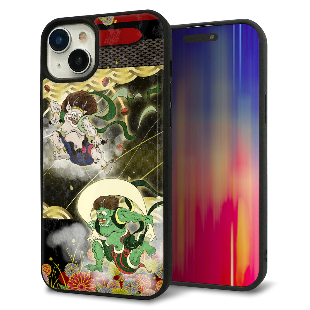 iPhone15 Plus 強化ガラス&TPUスマホケース ガラプリ【HA238 風神雷神 和柄】