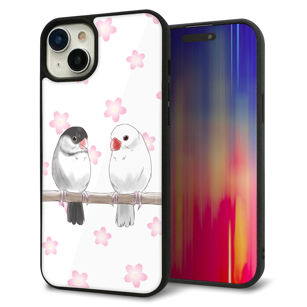 iPhone15 Plus 強化ガラス&TPUスマホケース ガラプリ【HA275 文鳥 桜】