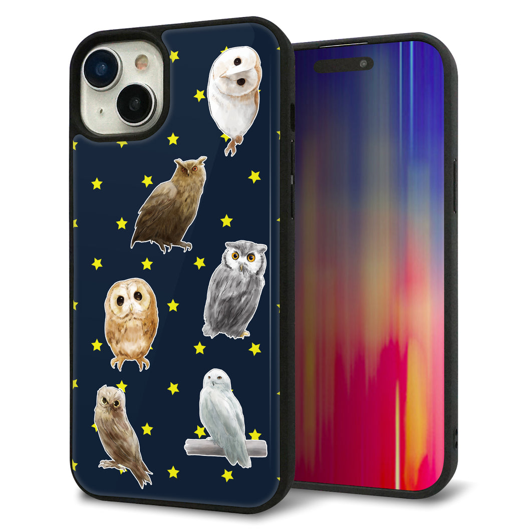 iPhone15 Plus 強化ガラス&TPUスマホケース ガラプリ【HA276 フクロウいろいろ】