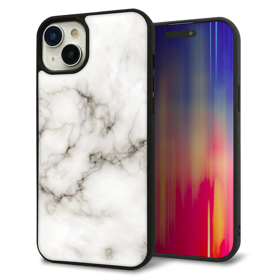 iPhone15 Plus 強化ガラス&TPUスマホケース ガラプリ【KM871 大理石WH】