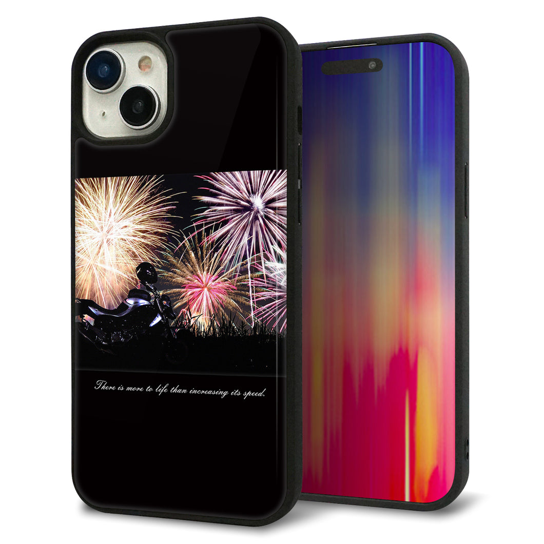 iPhone15 Plus 強化ガラス&TPUスマホケース ガラプリ【KM878 バイクと花火】