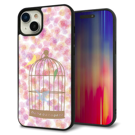 iPhone15 Plus 強化ガラス＆TPUスマホケース ガラプリ【KM882 鳥かご】