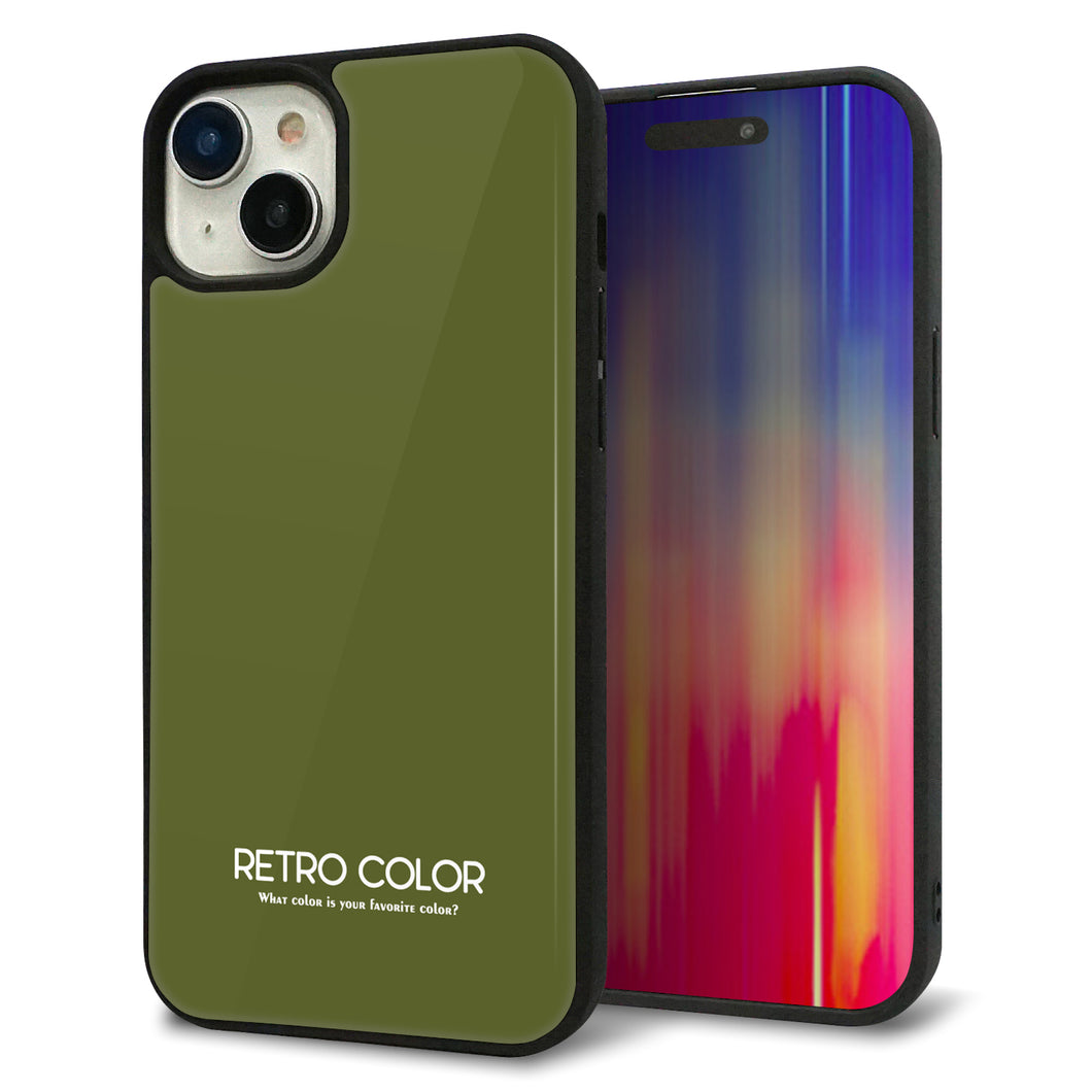 iPhone15 Plus 強化ガラス&TPUスマホケース ガラプリ【KM916 レトロカラー(カーキ)】