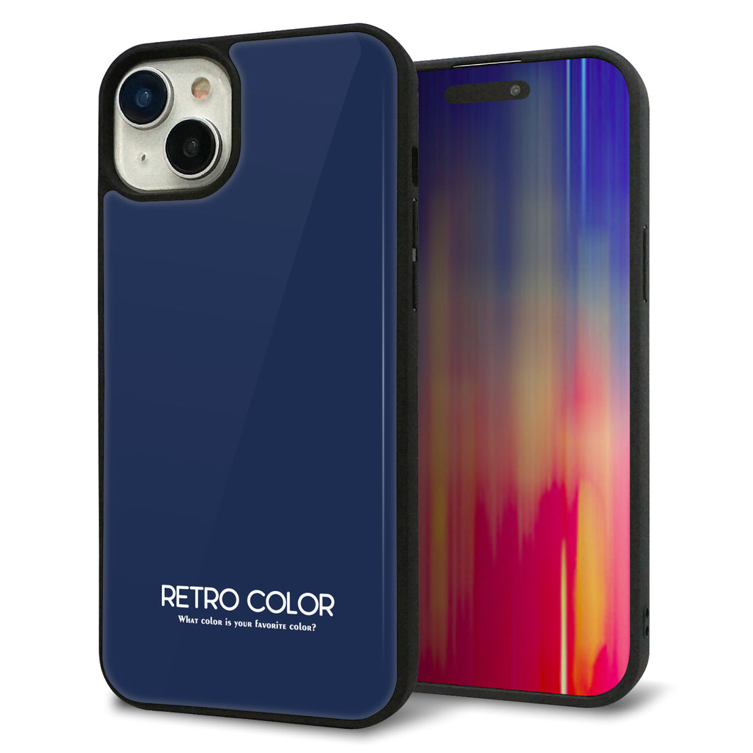 iPhone15 Plus 強化ガラス&TPUスマホケース ガラプリ【KM918 レトロカラー(ネイビー)】