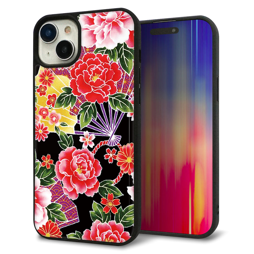 iPhone15 Plus 強化ガラス&TPUスマホケース ガラプリ【MA959 和柄 花 A】