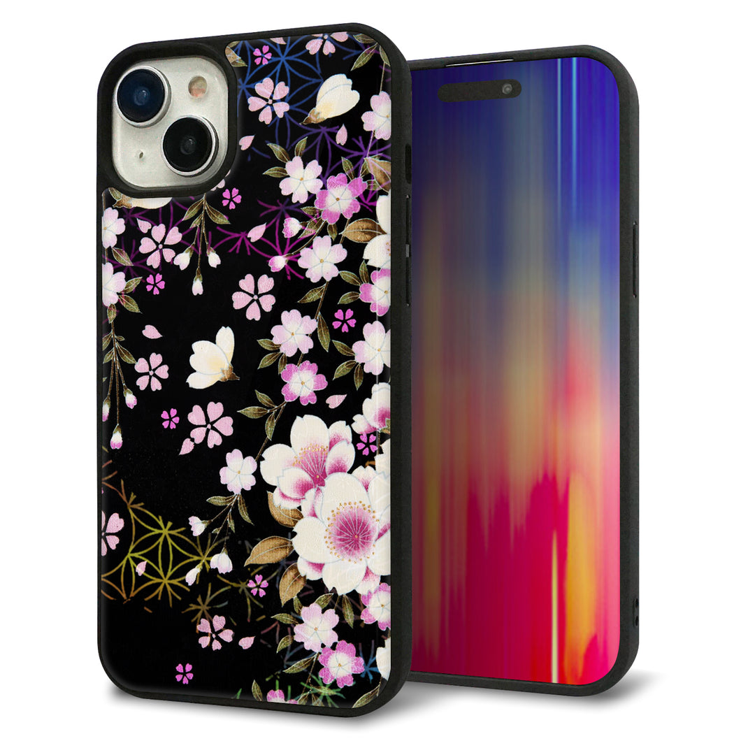 iPhone15 Plus 強化ガラス&TPUスマホケース ガラプリ【MA961 和柄 花 C】