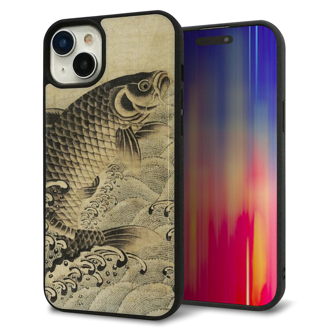 iPhone15 Plus 強化ガラス&TPUスマホケース ガラプリ【MA970 和柄 鶴鯉 B】