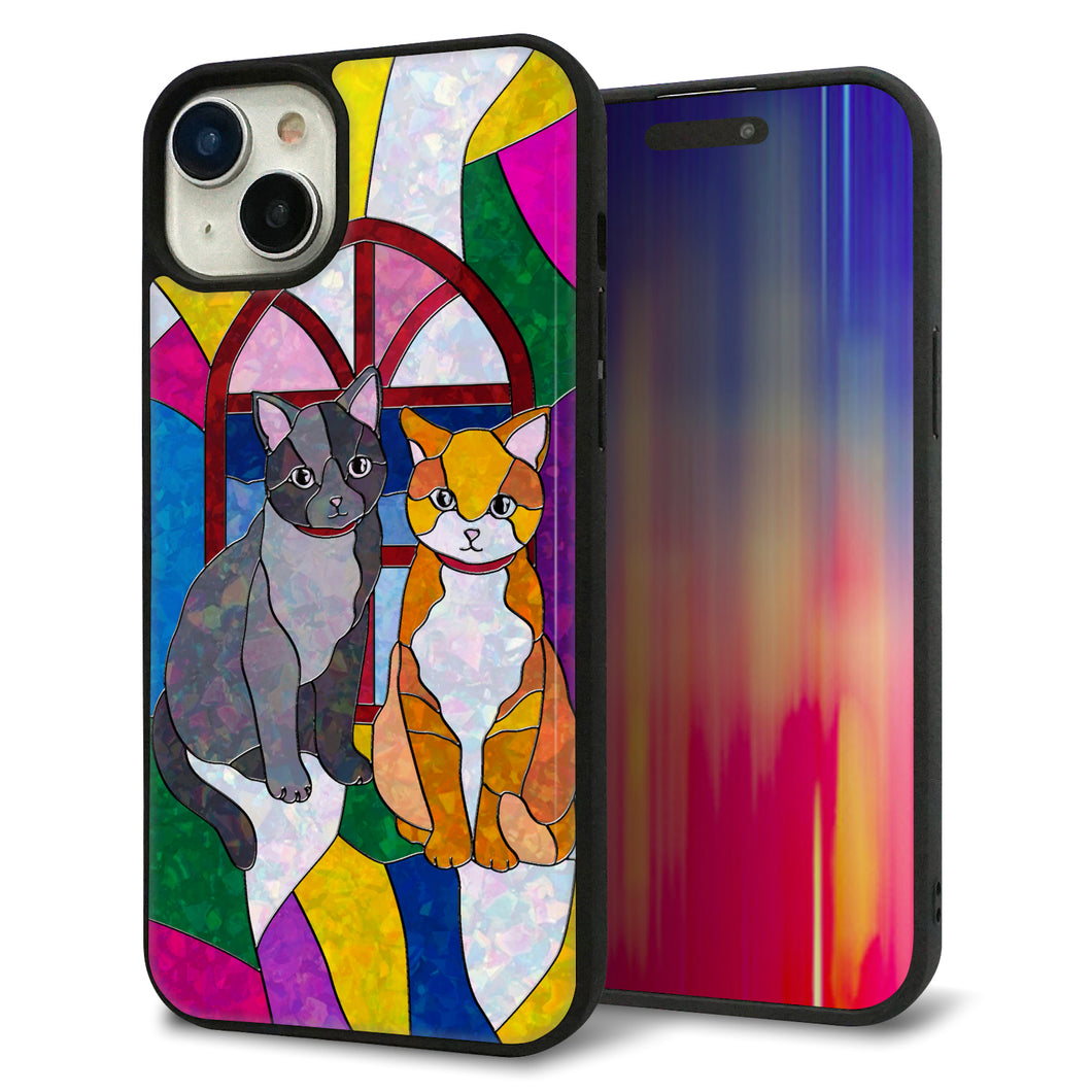 iPhone15 Plus 強化ガラス&TPUスマホケース ガラプリ【MA995 ステンドグラス ネコ】