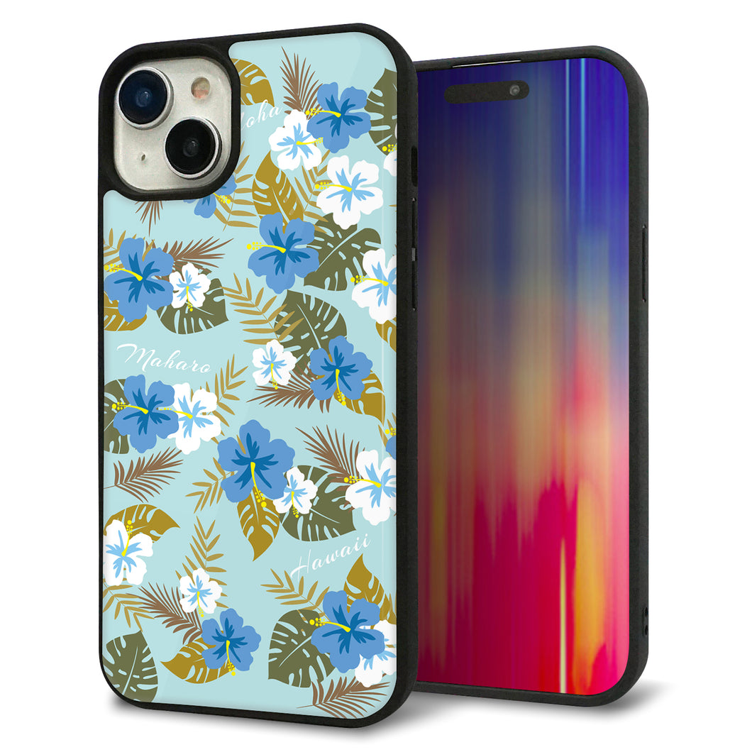iPhone15 Plus 強化ガラス&TPUスマホケース ガラプリ【SC883 ハワイアンアロハレトロ(ブルー)】