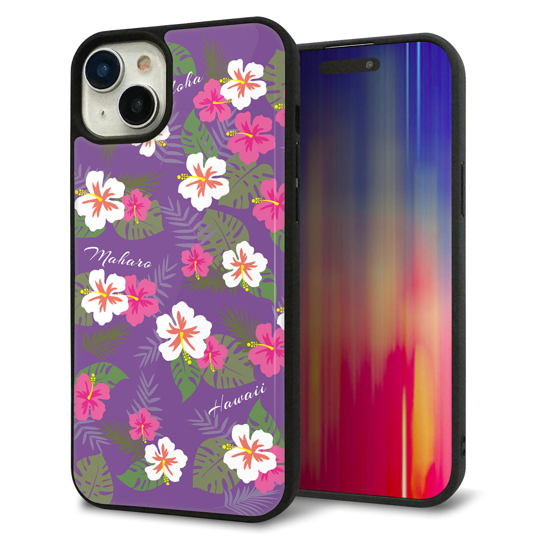 iPhone15 Plus 強化ガラス&TPUスマホケース ガラプリ【SC886 ハワイアンアロハレトロ(パープル)】