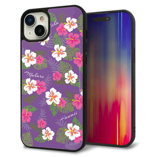 iPhone15 Plus 強化ガラス&TPUスマホケース ガラプリ【SC886 ハワイアンアロハレトロ(パープル)】