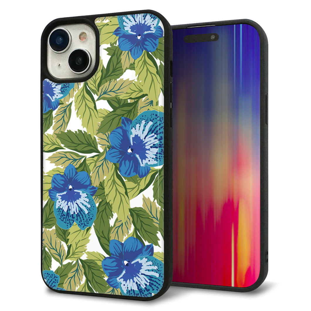 iPhone15 Plus 強化ガラス&TPUスマホケース ガラプリ【SC896 ボタニカル ブルー&リーフ】