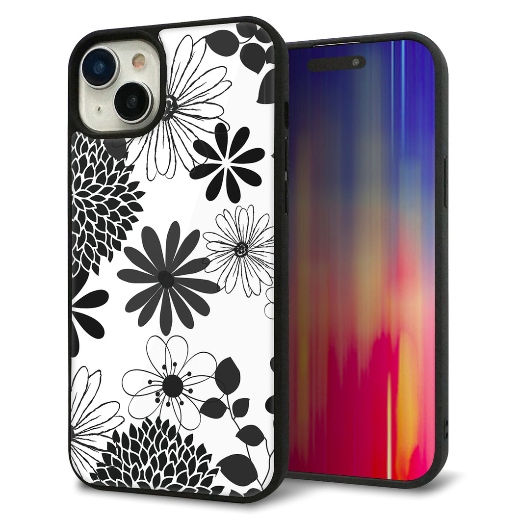 iPhone15 Plus 強化ガラス&TPUスマホケース ガラプリ【SC912 花柄モノトーン 01】