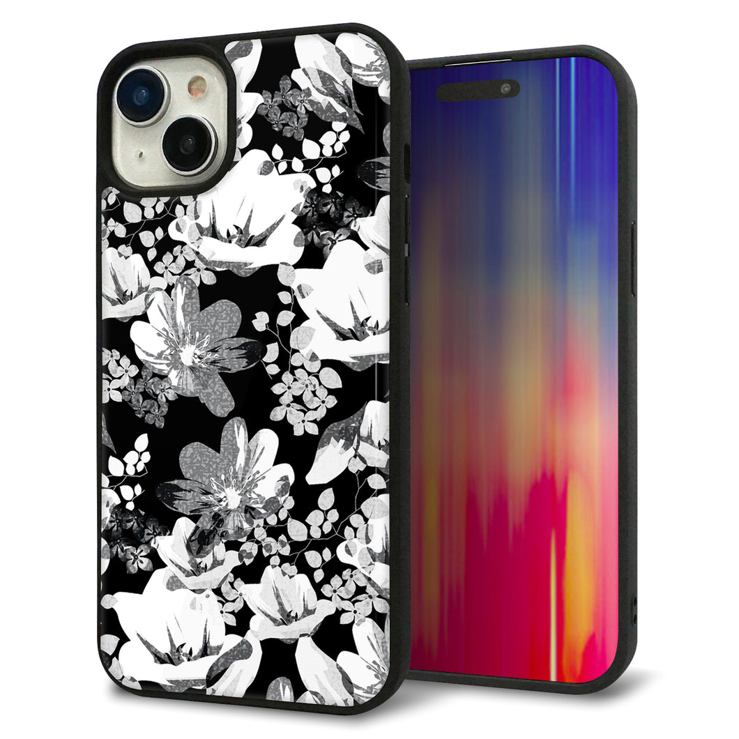 iPhone15 Plus 強化ガラス&TPUスマホケース ガラプリ【SC913 花柄モノトーン 02】