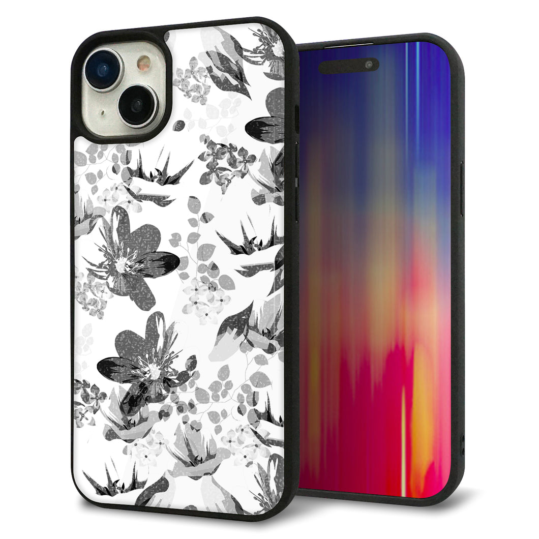 iPhone15 Plus 強化ガラス&TPUスマホケース ガラプリ【SC914 花柄モノトーン 03】