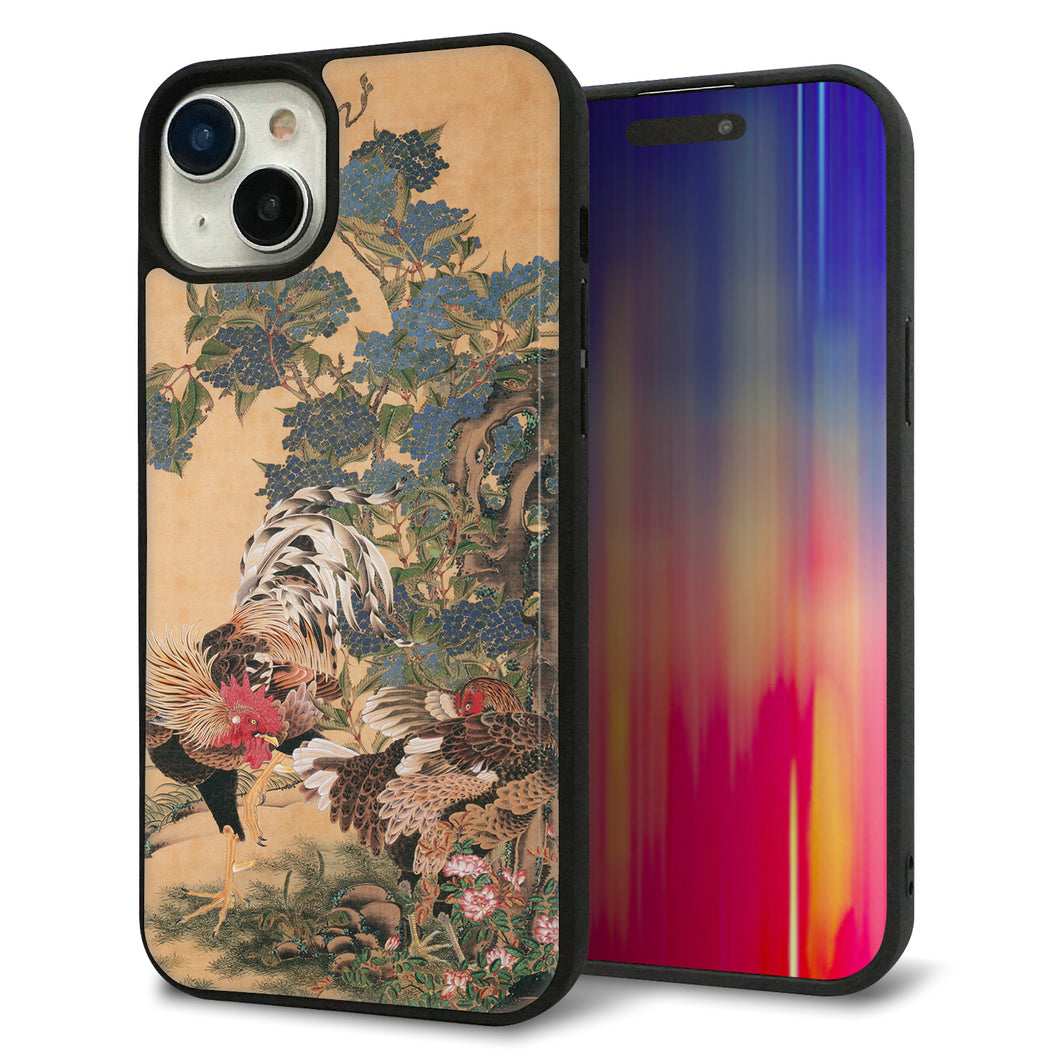 iPhone15 Plus 強化ガラス&TPUスマホケース ガラプリ【TA006 紫陽花双鶏】
