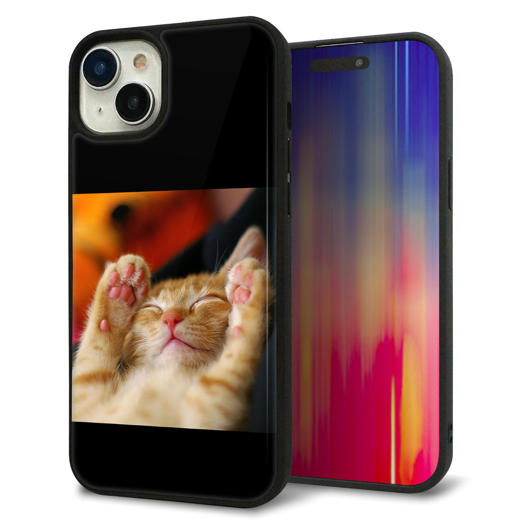 iPhone15 Plus 強化ガラス&TPUスマホケース ガラプリ【VA804 爆睡するネコ】