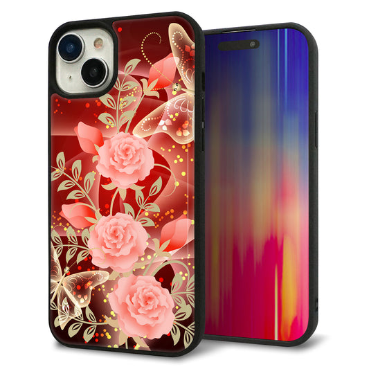 iPhone15 Plus 強化ガラス＆TPUスマホケース ガラプリ【VA824 魅惑の蝶とピンクのバラ】