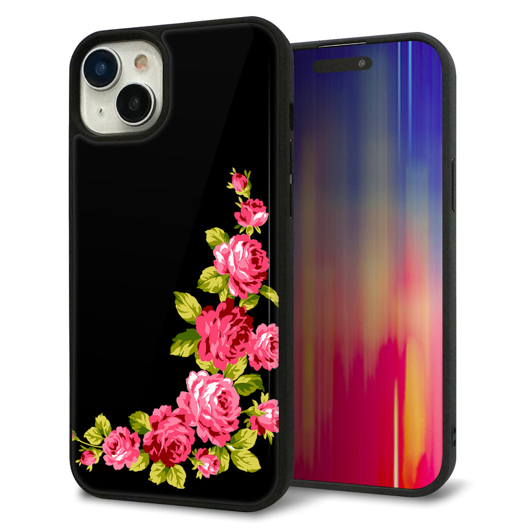 iPhone15 Plus 強化ガラス&TPUスマホケース ガラプリ【VA826 バラのフレーム(黒)】