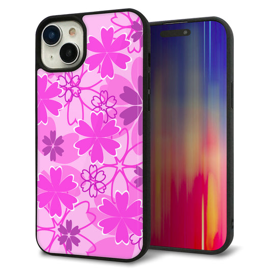 iPhone15 Plus 強化ガラス＆TPUスマホケース ガラプリ【VA961 重なり合う花 ピンク】