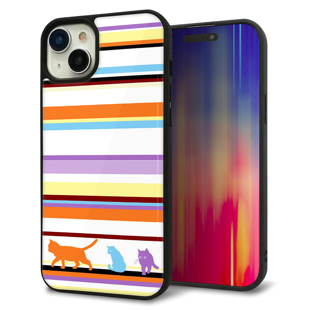 iPhone15 Plus 強化ガラス&TPUスマホケース ガラプリ【YA887 ストライプネコ01】