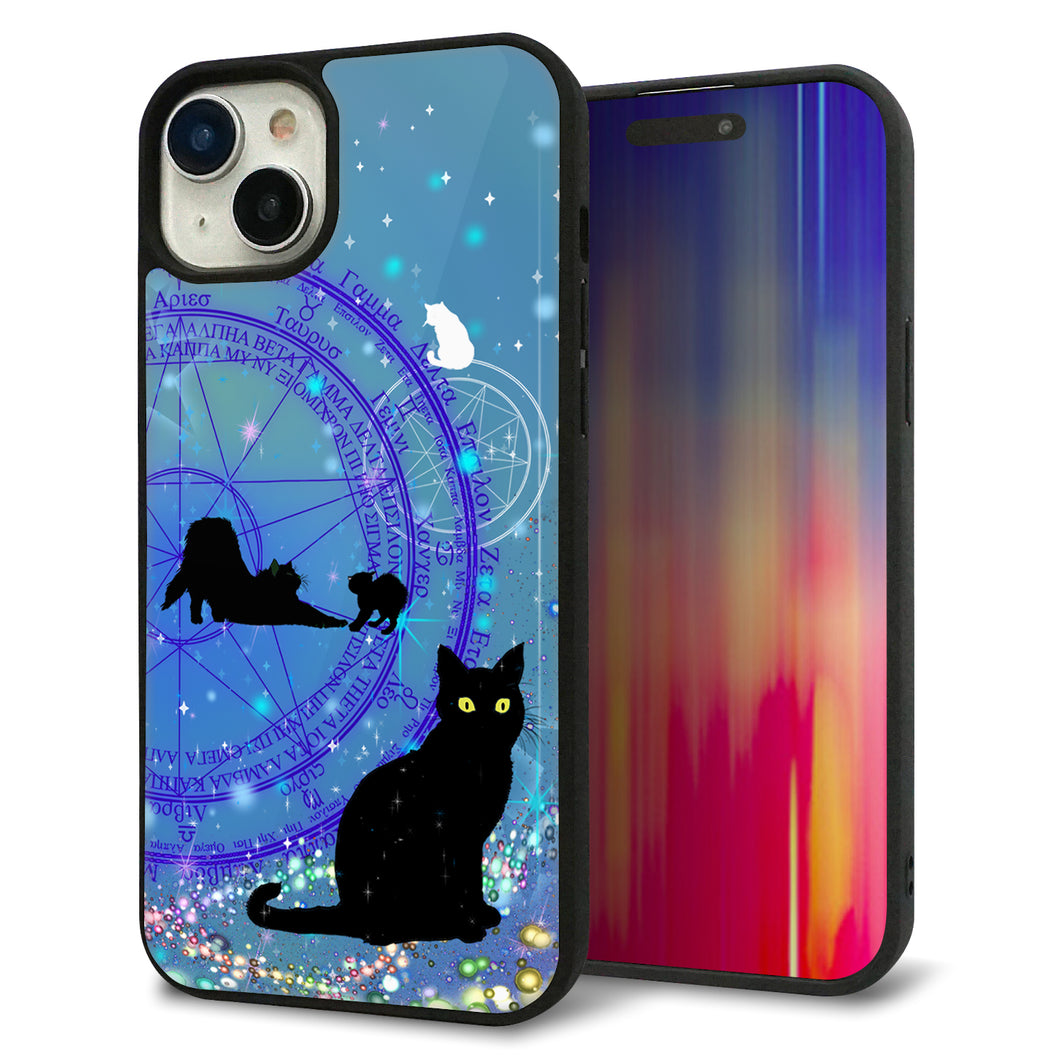 iPhone15 Plus 強化ガラス&TPUスマホケース ガラプリ【YJ327 魔法陣猫 キラキラ かわいい】