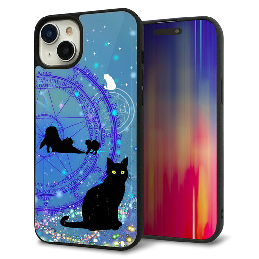iPhone15 Plus 強化ガラス＆TPUスマホケース ガラプリ【YJ327 魔法陣猫 キラキラ かわいい】