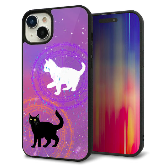 iPhone15 Plus 強化ガラス＆TPUスマホケース ガラプリ【YJ328 魔法陣猫 キラキラ かわいい ピンク】