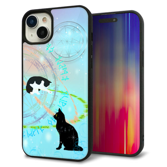 iPhone15 Plus 強化ガラス＆TPUスマホケース ガラプリ【YJ329 魔法陣猫 キラキラ パステル】