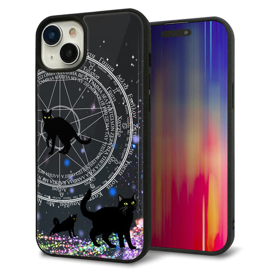 iPhone15 Plus 強化ガラス＆TPUスマホケース ガラプリ【YJ330 魔法陣猫 キラキラ 黒猫】